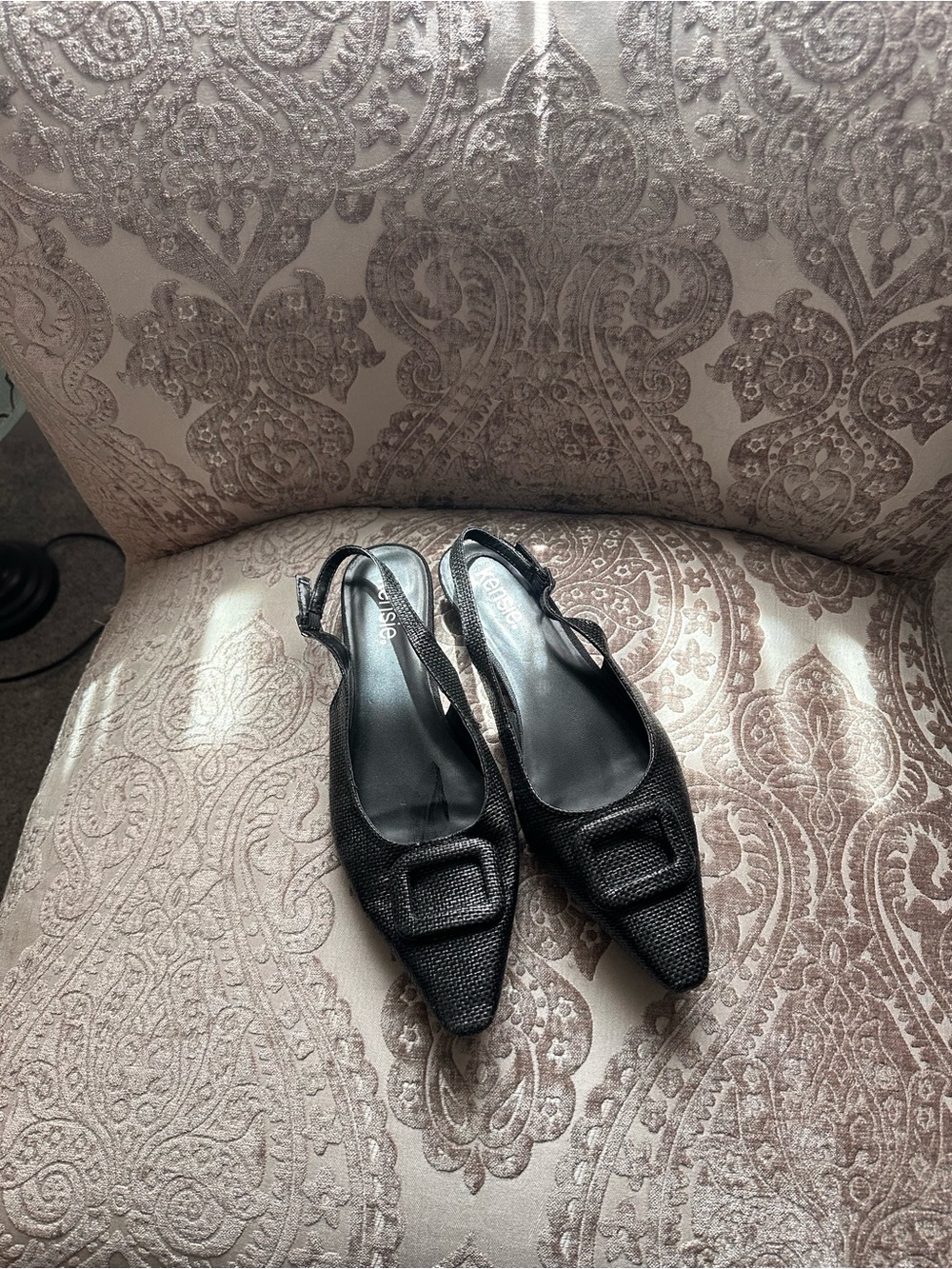 Kensie Black Textured Slingback Pointed Mules with Buckle